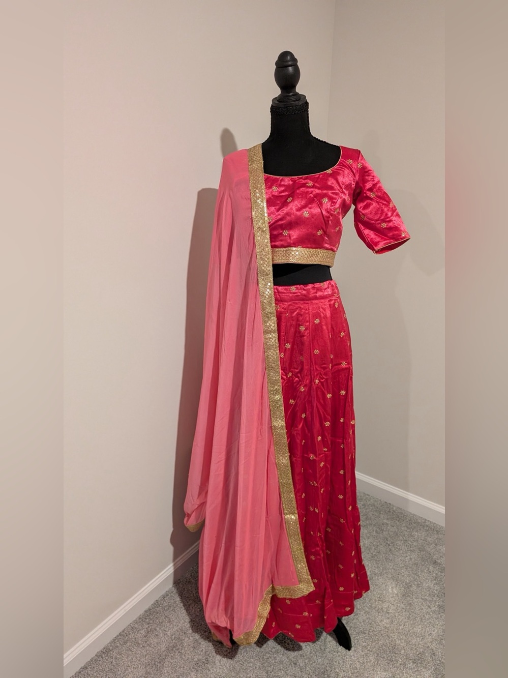 Elegant Pink Embroidered Lehenga Skirt Set with Gold Trim